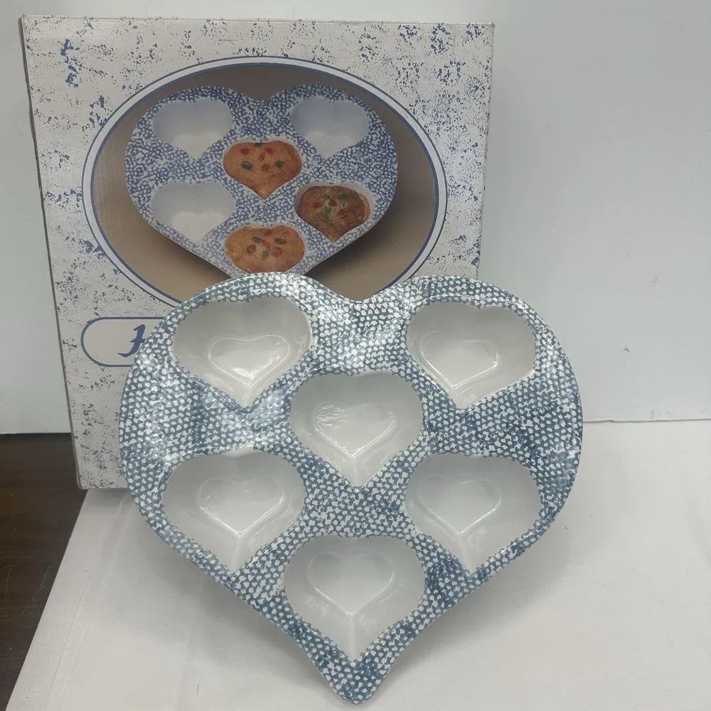 Blue Sponge Spongeware Ceramic Stoneware Heart Shaped Muffin Cupcake Baking Pan